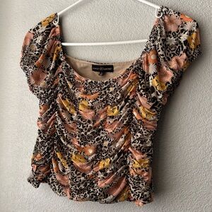 Floral Leopard Ruched Scoop Top - Pink, Mustard & Black Almost Famous Size L